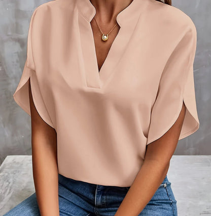 Summer New V-neck Casual Shirt for Women – Pure Color Short-Sleeved Versatile Top
