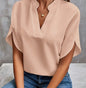 Summer New V-neck Casual Shirt for Women – Pure Color Short-Sleeved Versatile Top