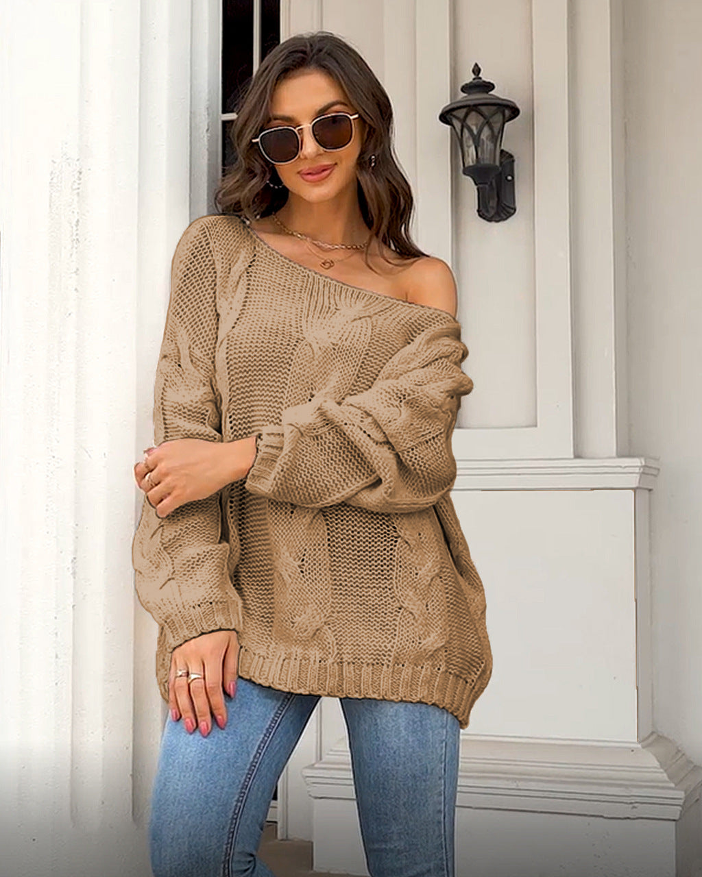 Off-neck Cable-knit Pullover Loose-fitting Oversized Sweater