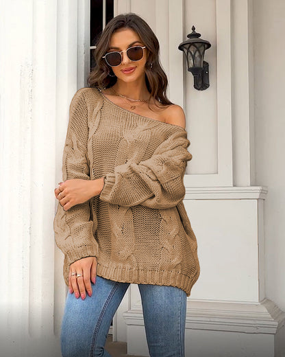 Cable-knit Oversized Sweater - Off-neck Loose-fitting Pullover