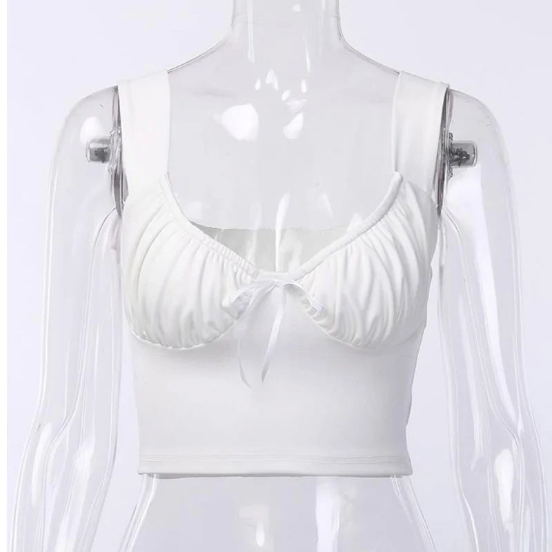 Summer Milkmaid Crop Top for Women - White Ruched Bow Camis