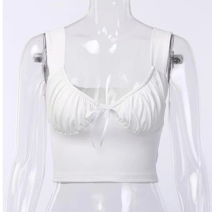 Summer Milkmaid Crop Top for Women - White Ruched Bow Camis