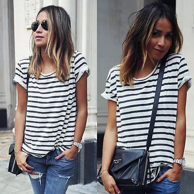 New Fashion Women Ladies Casual Short Sleeve Loose Summer Striped