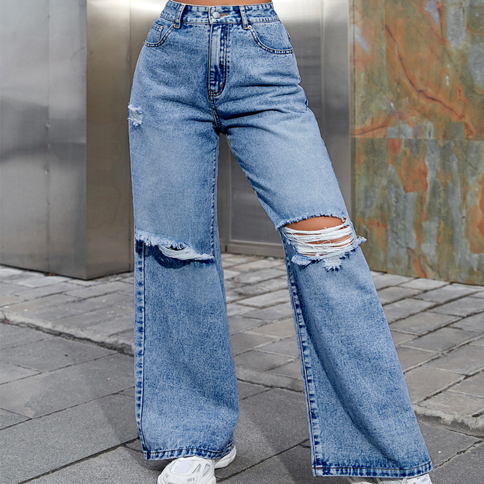 Women's Fashion Holes High Waist Casual Denim Trousers