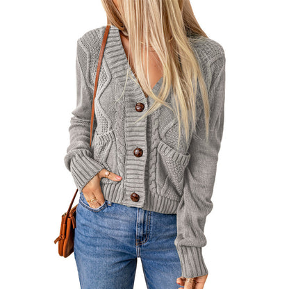Summer Solid Color Knitted Cardigan with Pockets - Button Texture Long Sleeve