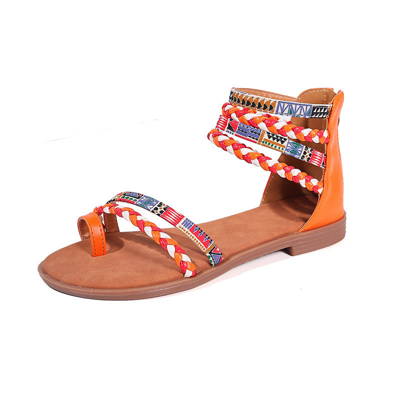 Ethnic Colorful Flat Bottom Sandals - Large Size with Stylish Stitching Design for Comfort and Style