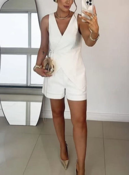 Solid Color Tie Vest Shorts Suit for High Waist Style