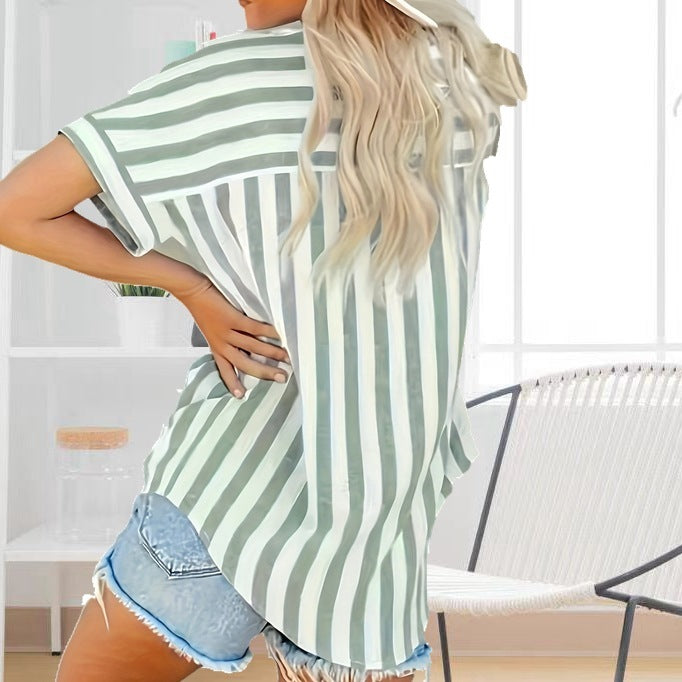 Fashion Elegant Comfortable Button Striped Plus Size Plump Girls Summer Shirt