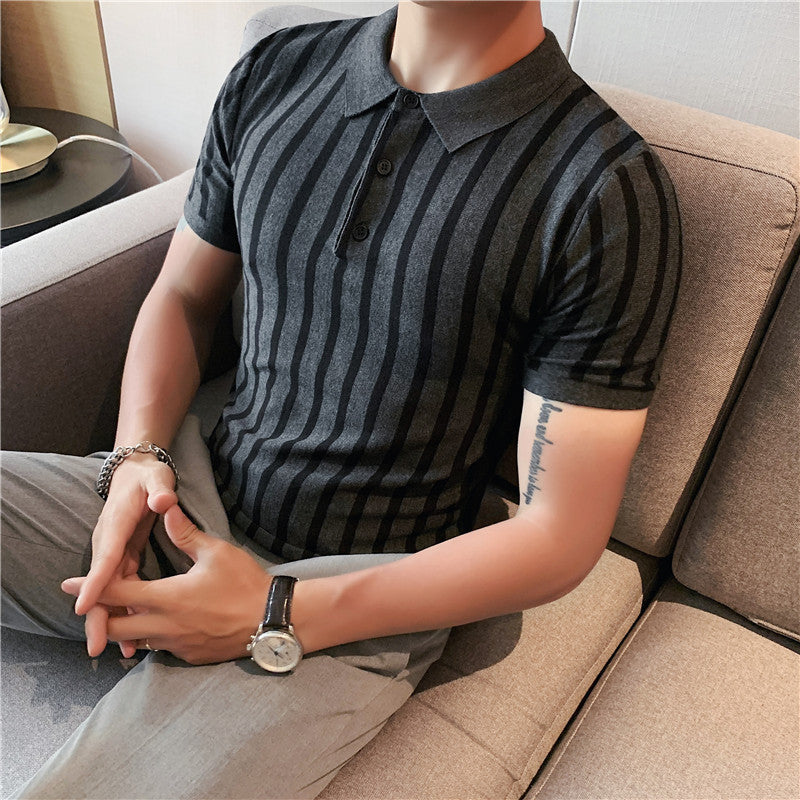 Men's Fashion Wide Striped Short-sleeved Polo Shirt