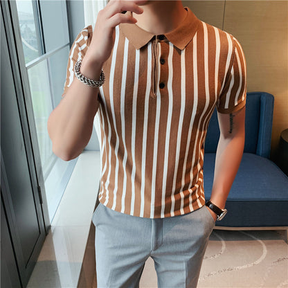 Men's Striped Polo Shirt - Fashionable Wide Striped Short-Sleeved Shirt