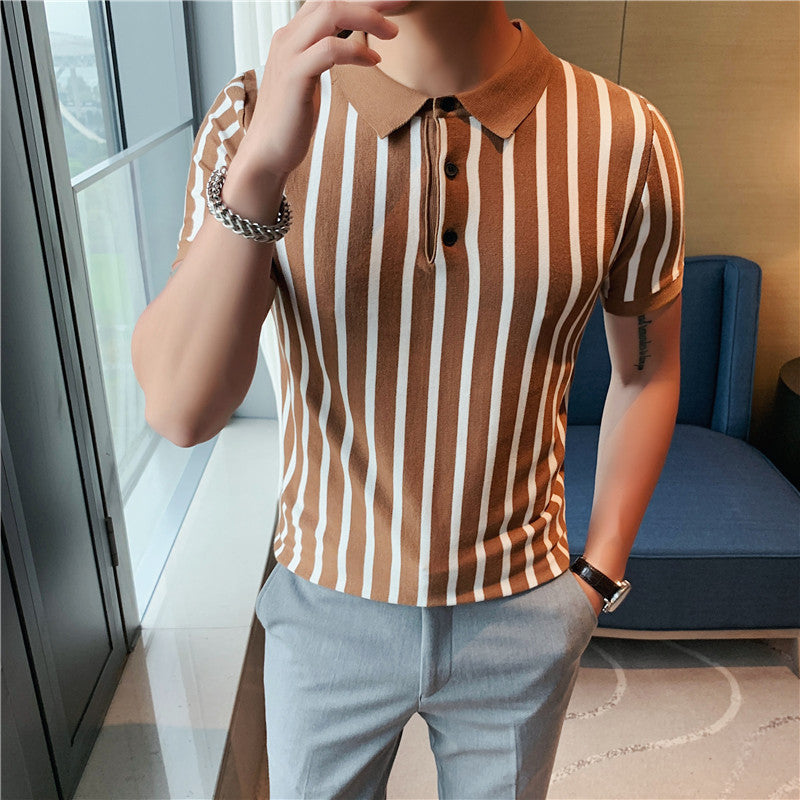 Men's Fashion Wide Striped Short-sleeved Polo Shirt