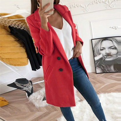 Solid Color Woolen Polo Collar Coat - Mid-length Button Design