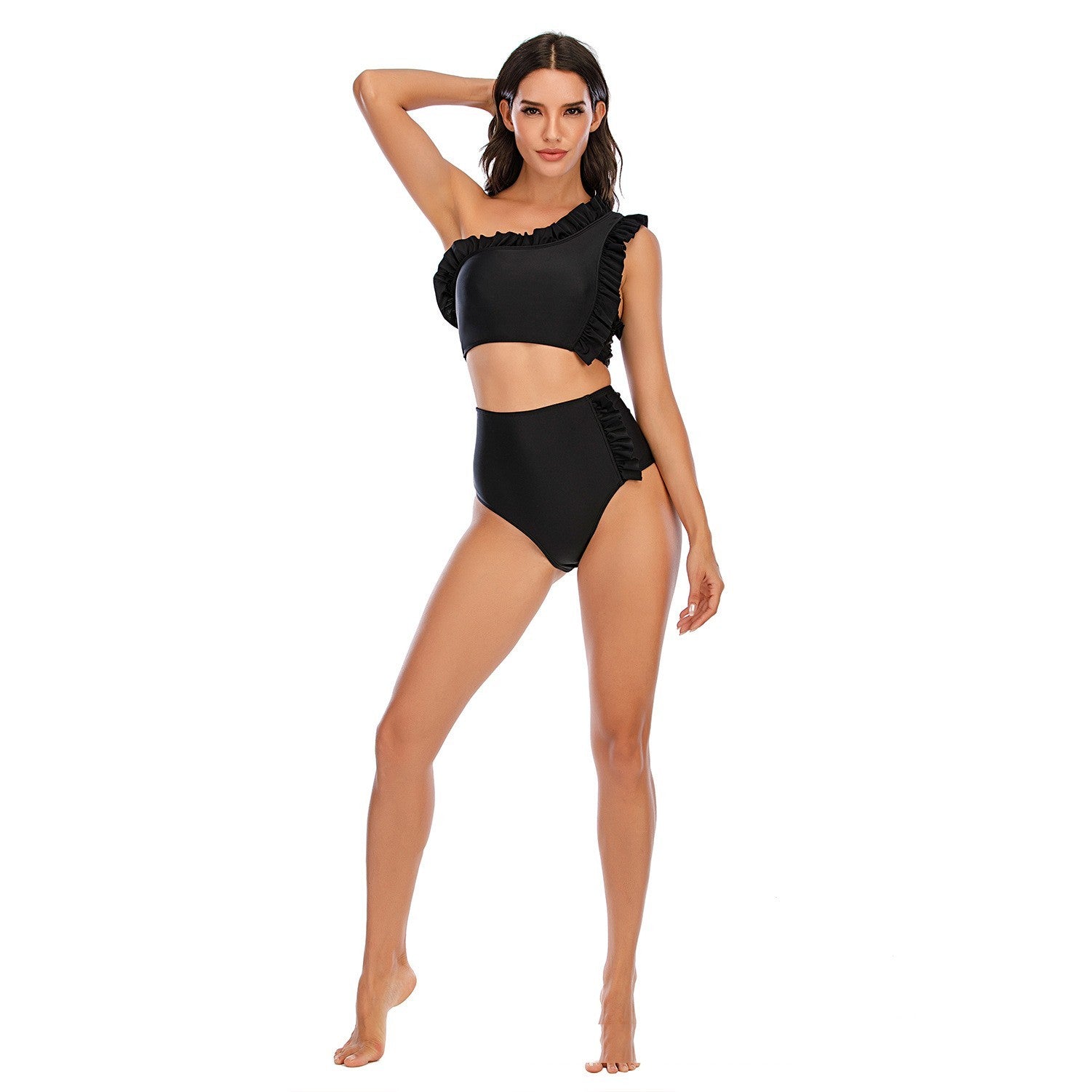 Flounced One-shoulder Bikini High Waist Swimming Trunks Swimsuit Set