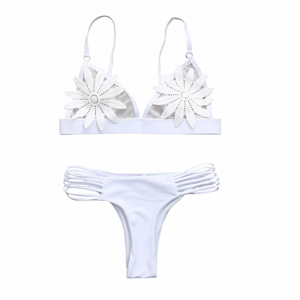 Floral Push-Up Bikini Set - White Padded Bra Swimwear for Women
