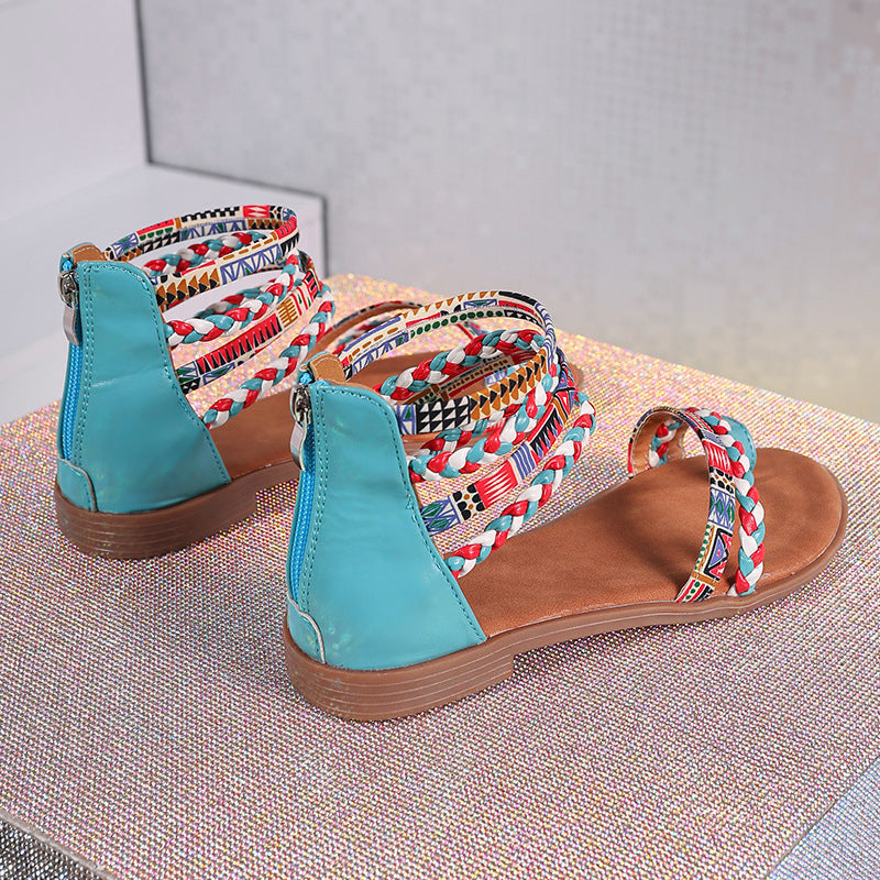 Ethnic Colorful Flat Bottom Sandals - Large Size with Stylish Stitching Design for Comfort and Style