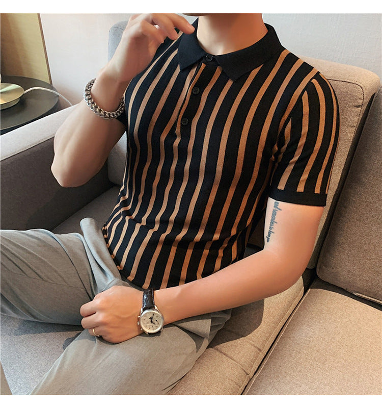 Men's Fashion Wide Striped Short-sleeved Polo Shirt