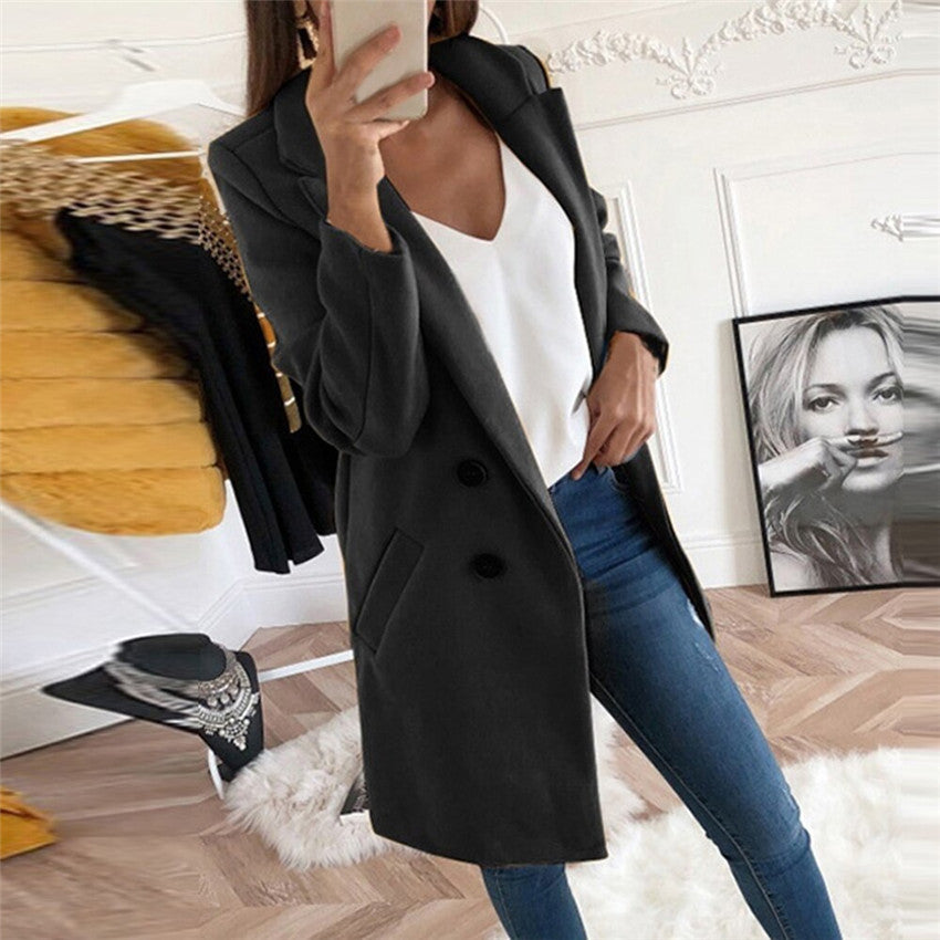 Solid Color Woolen Polo Collar Coat - Mid-length Button Design