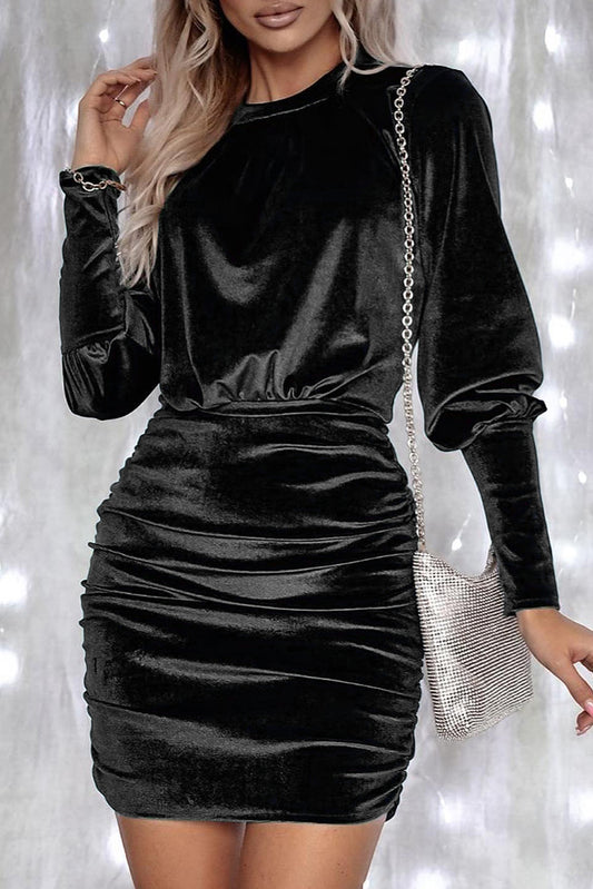Black Velvet Bodycon Dress with Puff Sleeves and Ruched Design