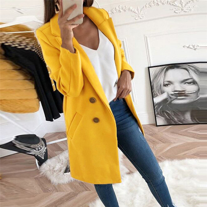 Solid Color Woolen Polo Collar Coat - Mid-length Button Design