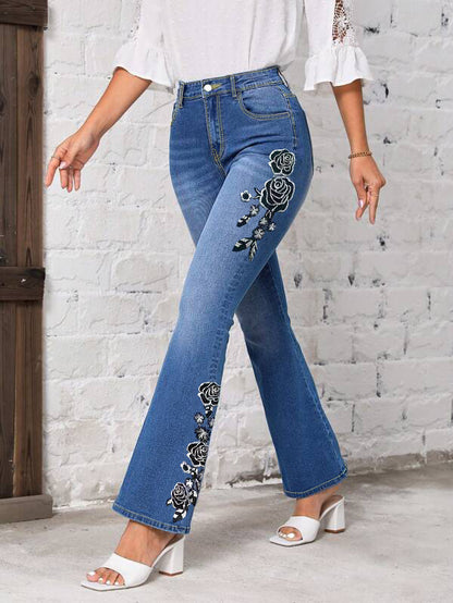 Women's Floral Embroidered Flared Jeans for Trendy Fashion