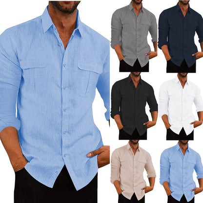 Men's Cotton Linen Shirt with Double Pockets for Casual Wear