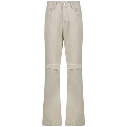 Casual Wide-leg Ripped Denim Pants High-waist Trousers