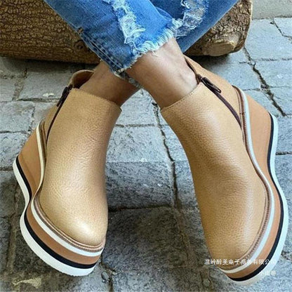 Wedge Ankle Boots - Thin Short Side Zipper Mid Heel Leather Surface
