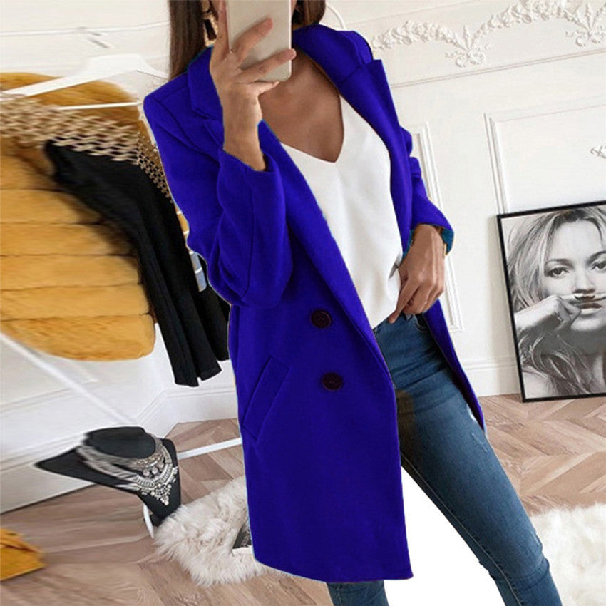 Solid Color Woolen Polo Collar Coat - Mid-length Button Design