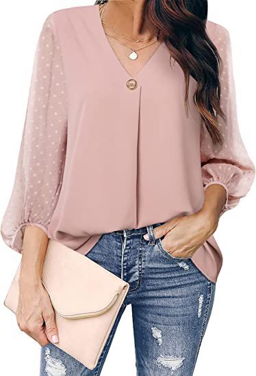 Women's Puff Sleeve V-neck Shirt - Long Sleeve Top