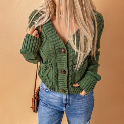 Summer Solid Color Knitted Cardigan with Pockets - Button Texture Long Sleeve