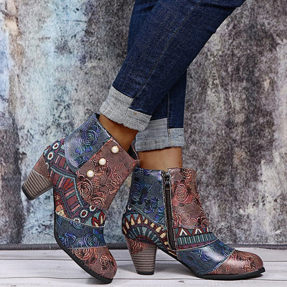 Print Ankle Boots for Women - Chunky Mid Heel Side Zipper Shoes