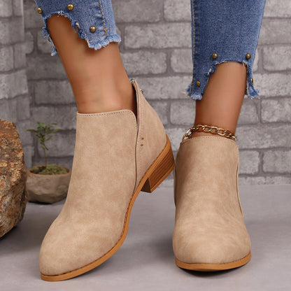 Chunky Heel Ankle Boots with V-Cut Design for Women - Fashionable Fall Winter Short Boots