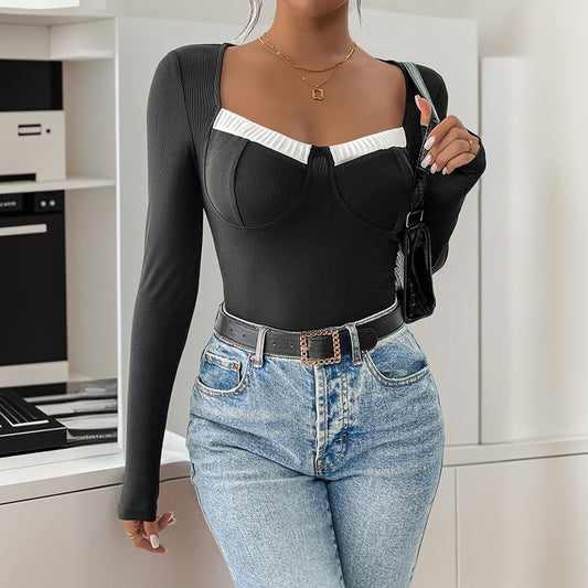 Long Sleeve Knitted Jumpsuit with Square-neck Contrast Color Design