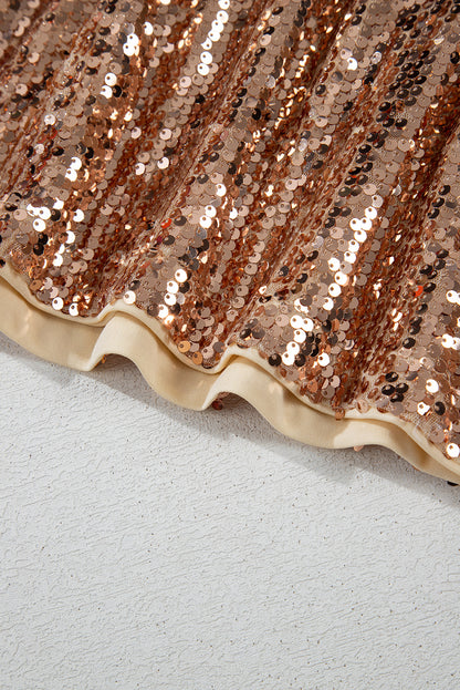 Gold Sequined Mini Dress with Long Sleeves and Cutout Back