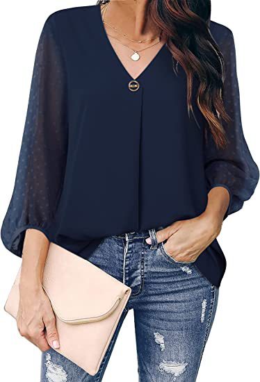 Women's Puff Sleeve V-neck Shirt - Long Sleeve Top