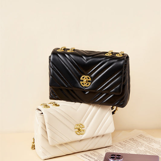 Women's Cowhide Chain Shoulder Bag with Diamond Design - Square Messenger Bag
