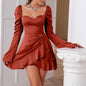 Women's Elegant Slim-Fit Ruffled Dress with Long Sleeves