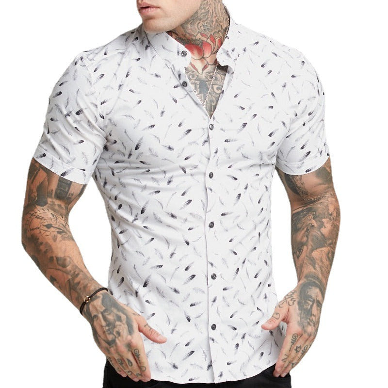 Men's Summer Slim Fashion Stretch 3D Printing Lapel Short Sleeves