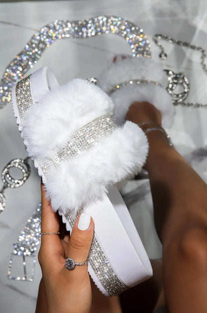 Luxury Fur Rhinestone Slippers for Women - Designer Comfort