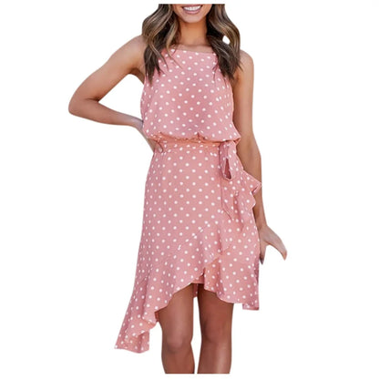 Summer Polka Dot Mini Dress with Ruffle Split Design #D3