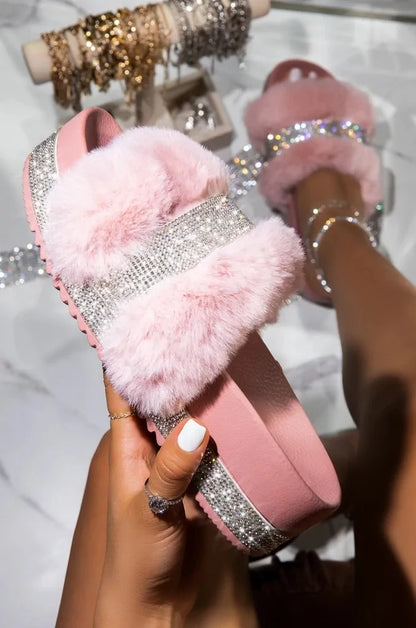 Luxury Fur Rhinestone Slippers for Women - Designer Comfort