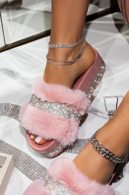 Luxury Fur Rhinestone Slippers for Women - Designer Comfort