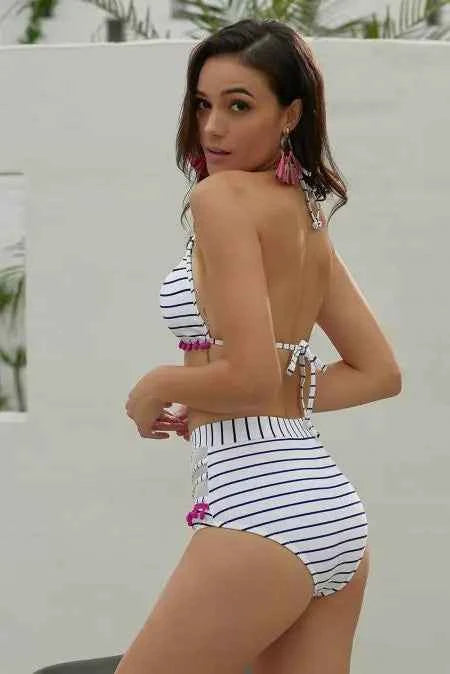 Blue White Striped Bikini with Pom Poms