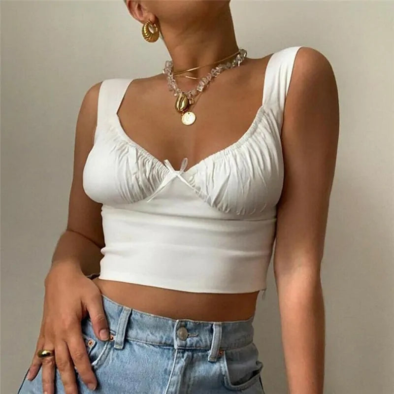 Summer Milkmaid Crop Top for Women - White Ruched Bow Camis