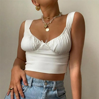 Summer Milkmaid Crop Top for Women - White Ruched Bow Camis