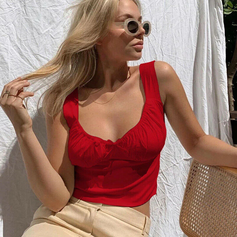 Summer Milkmaid Crop Top for Women - White Ruched Bow Camis